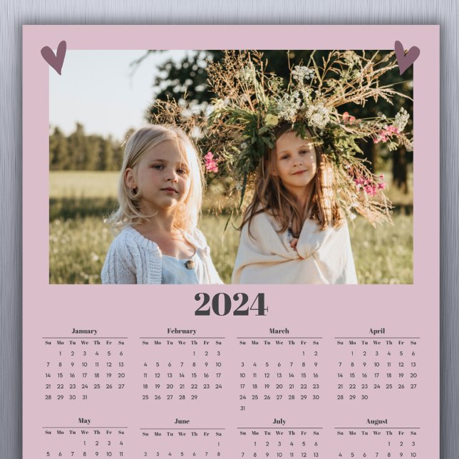 Calendário de Fotos da Família 2024 - Cor-de-rosa (Simply add your family photo to customize. A short greeting or family name can be added with year.)