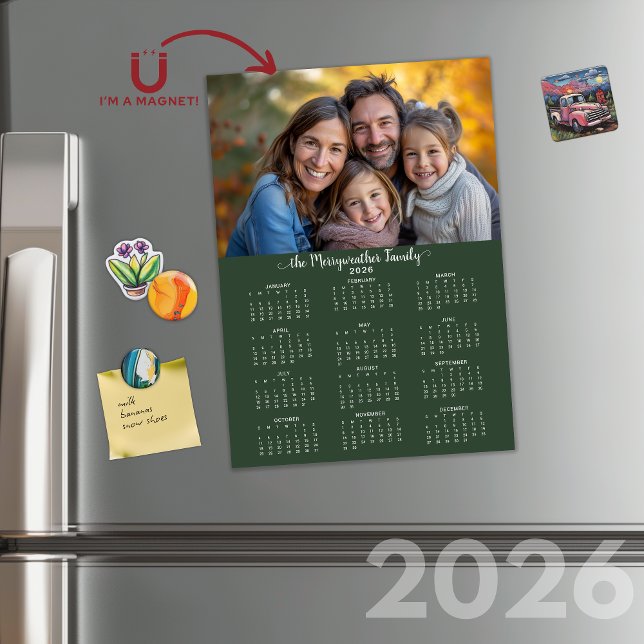 Calendário de fotos de feriado verde moderno de 20 (2026 Modern Dark Green Holiday Photo Calendar Cards with Envelopes)