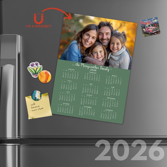 Calendário de Fotos de Feriado Verde Moderno Simpl (2026 Simple Modern Green Holiday Photo Calendar Cards with Envelopes)