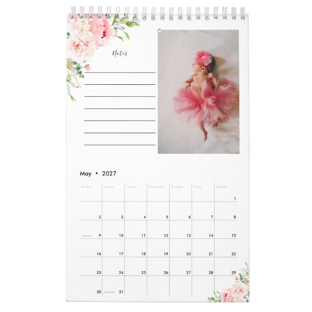 Calendário De Fotos Floral Rosa Esmagado Com Notas (Maio 2027)