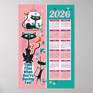 Calendário de Gatos de Meados do Século Poster de