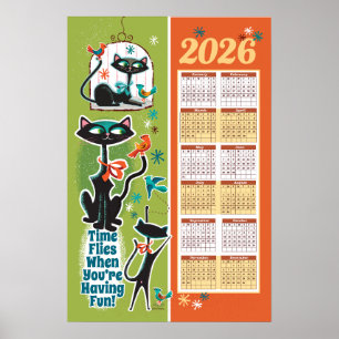 Calendário de Gatos de Meados do Século Poster de