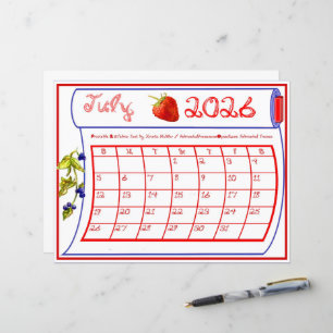 Calendário de Julho de 2026 Fonte de Tecido Vermel