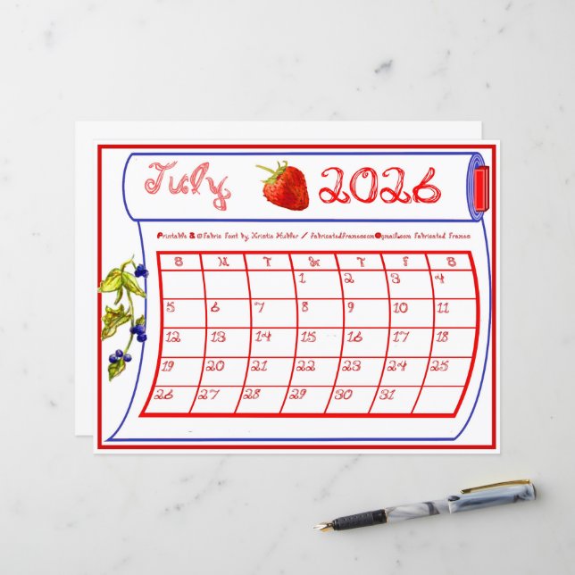 Calendário de Julho de 2026 Fonte de Tecido Vermel (Frente/Verso In Situ)
