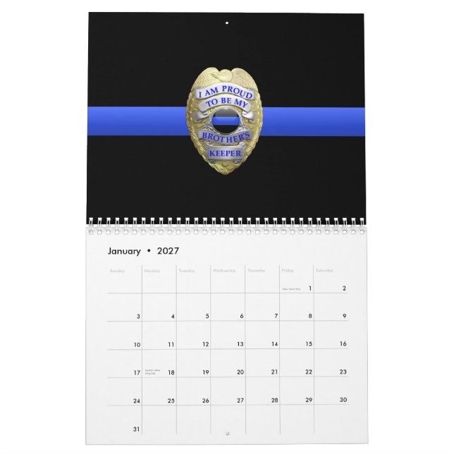 Calendário de Linhas Azuis Finas do Crachá do Dete (Jan 2027)