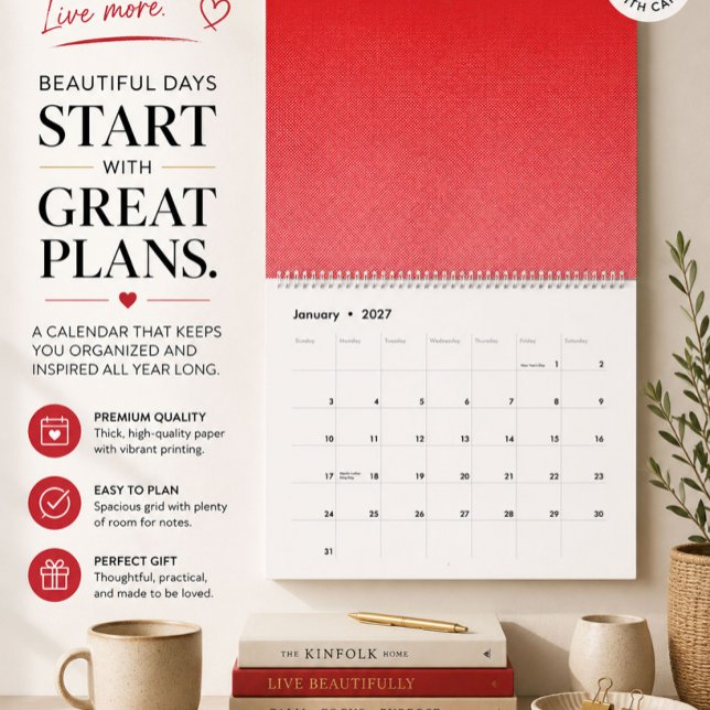 Calendário de Parede Minimalista Vermelho Moderno (Criador carregado)