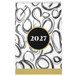 Calendário de Parede Moderno Abstrato Preto Dourad