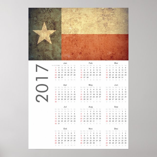 Calendário de Poster da Bandeira do Texas Grunge 2 (Frente)