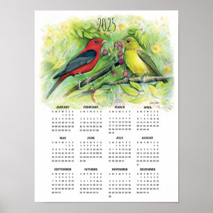 Calendário de Poster de Casal de Tanager Escarlate
