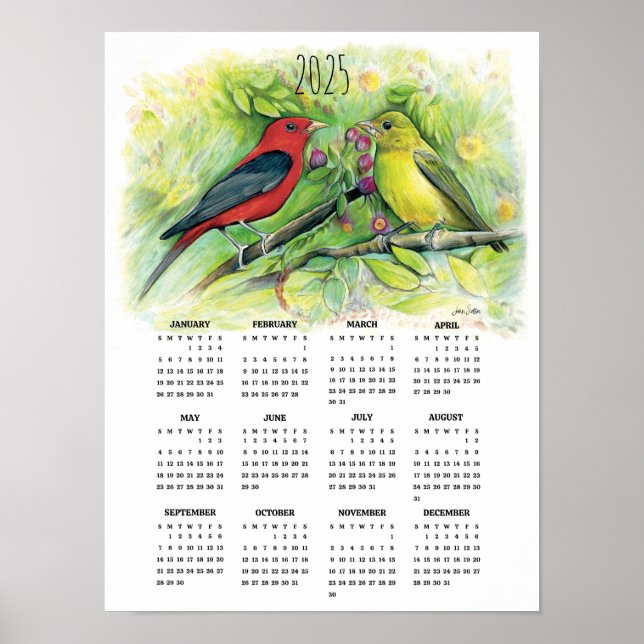 Calendário de Poster de Casal de Tanager Escarlate (Frente)