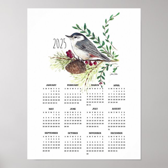 Calendário de Poster do Cute Nuthatch 2025 (Frente)