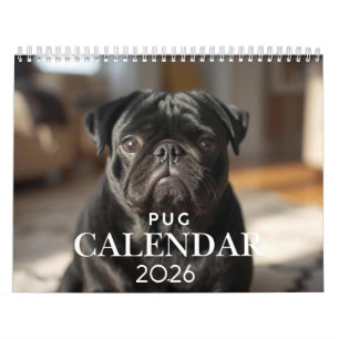 Calendário de Pug 2026 - Calendário de Muro de 12 