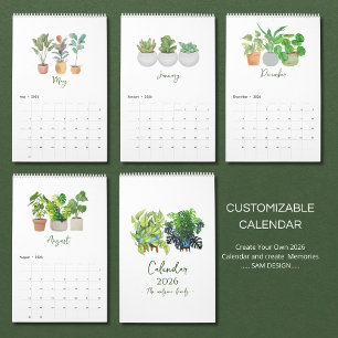 Calendário de Suculentas e Folhas em Aquarela 2026