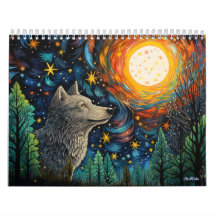 calendário de vidro colorido de 2027 com lobo da f