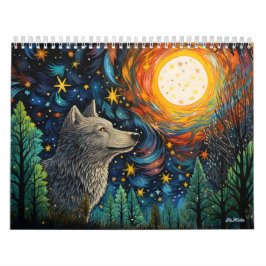 calendário de vidro colorido de 2027 com lobo da f