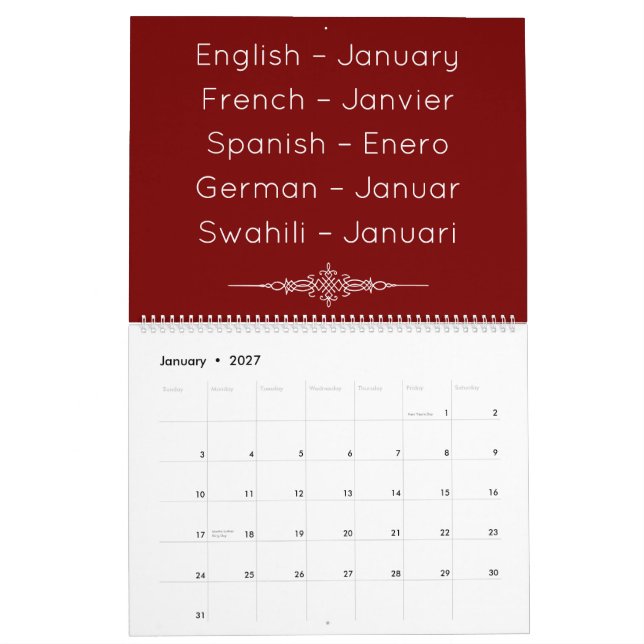 Calendário Deep Red  Multilingual Calendar (Jan 2027)