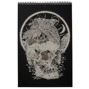 Calendário Desenho Intrincado de Caveira e Pássaro