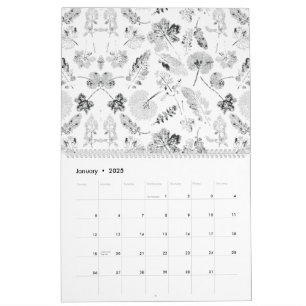 Calendário Design floral branco e preto elegante d