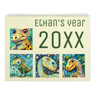 Calendário Dino colorido bonito, estilo Klimt, ano novo