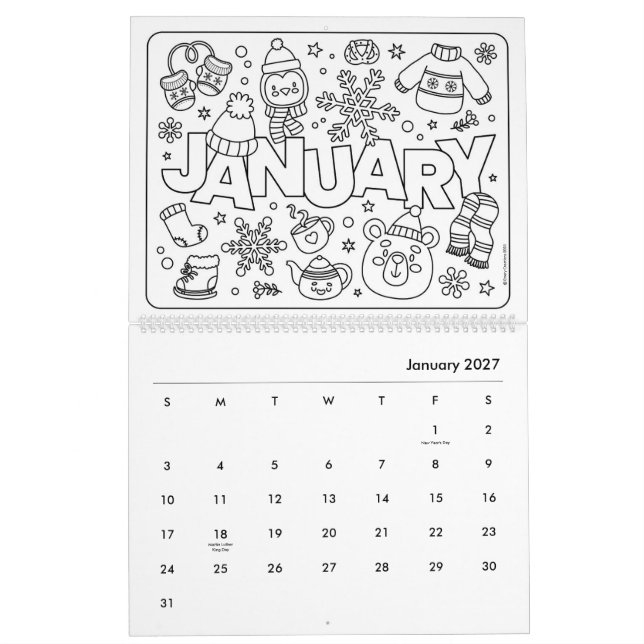 Calendário Divertido para Colorir (Jan 2027)