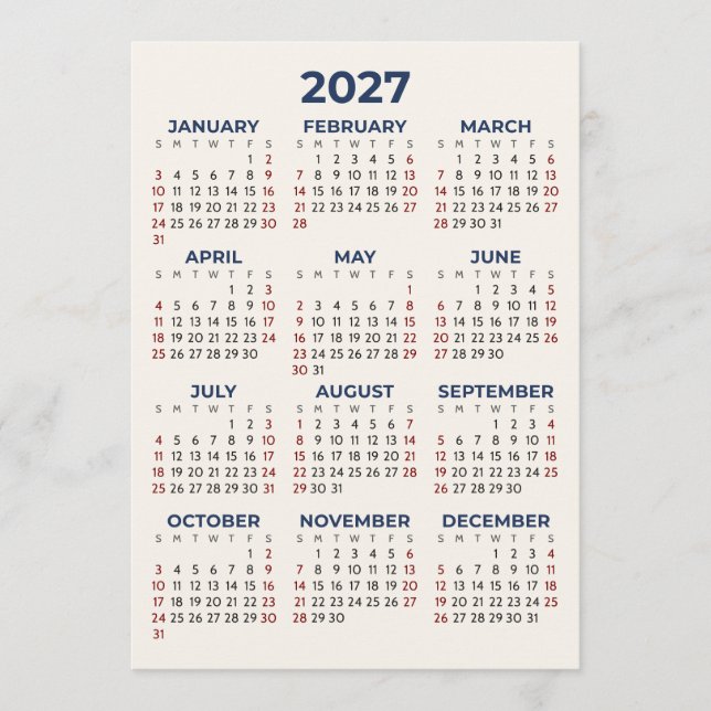 Calendário do Ano Inteiro de 2027 Seus Tons Cartão (Frente)