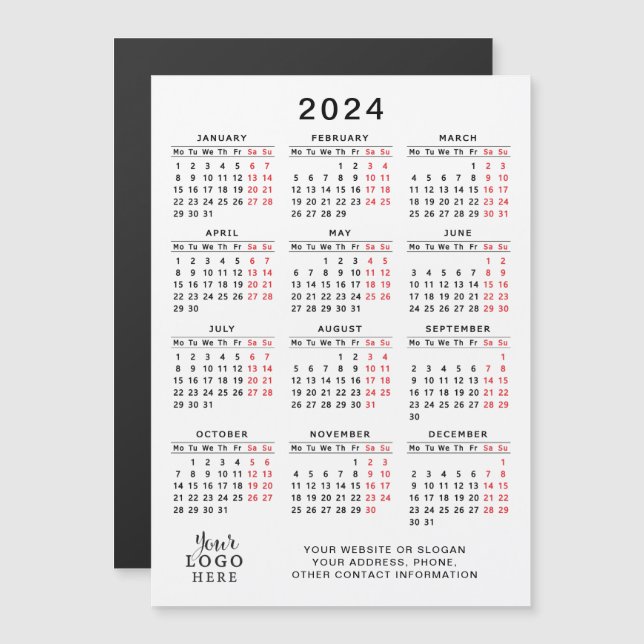 Calendário do logotipo comercial 2024 Magnet White (Frente/Verso)