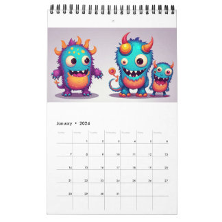 Calendário do monstro feliz bonito 2024