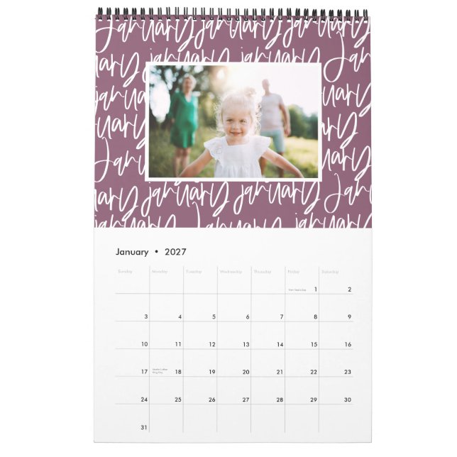 Calendário do script de caneta do marcador moderno (Jan 2027)