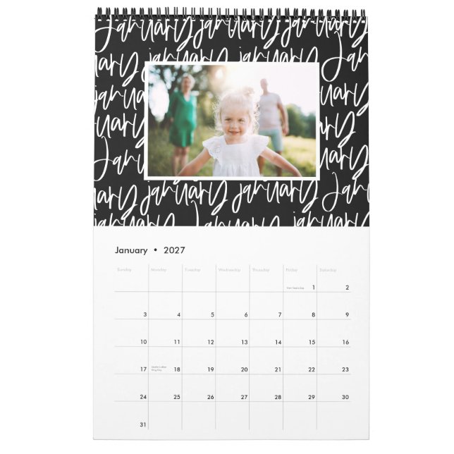 Calendário do script de caneta do marcador moderno (Jan 2027)