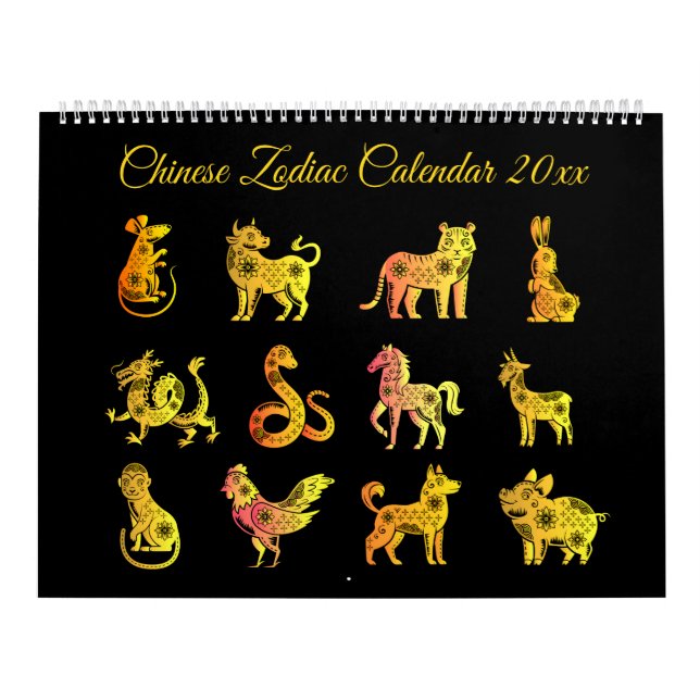Calendário Dourado Gradiente Chinês Zodiac Preto (Capa)