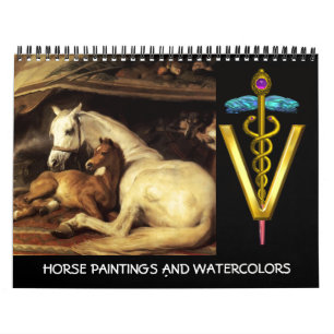 CALENDÁRIO DOURADO SÍMBOLO VETERINÁRIO CADUCEUS CAVALOS DE 