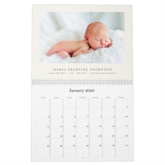 Calendário Elegant Photo Baby Birth Announcement 2026 (Jan 2026)