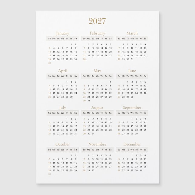 Calendário Elegante Dourado 2027 | Qualquer cor de (Frente)
