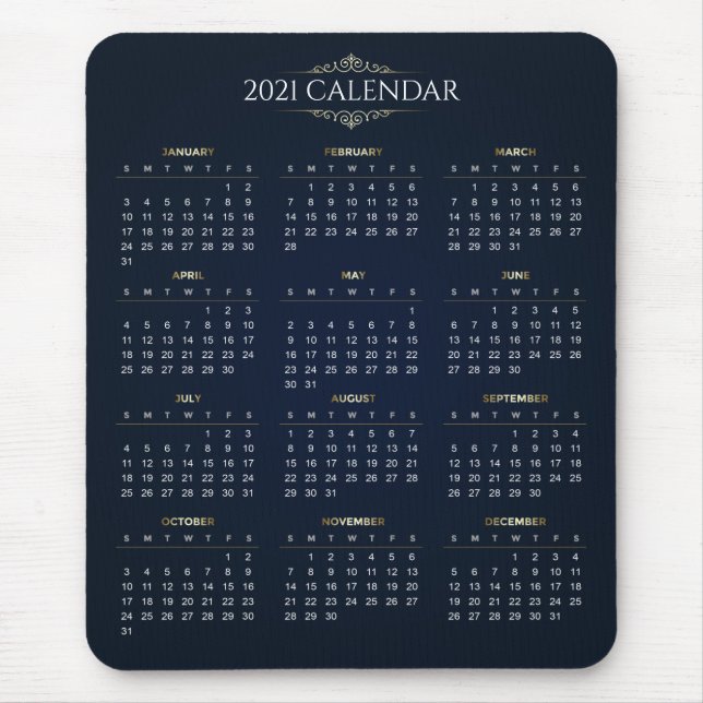 Calendário Elegante Dourado e Azul 2021 | Mousepad (Frente)