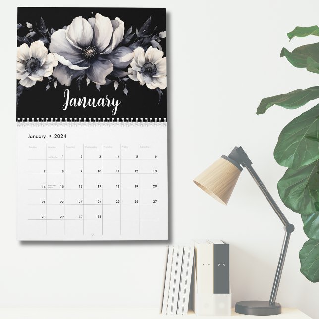 Calendário Elegante Floral em Aquarela Preto e Branco (Chic Elegant Black White Watercolor Floral Calendar)