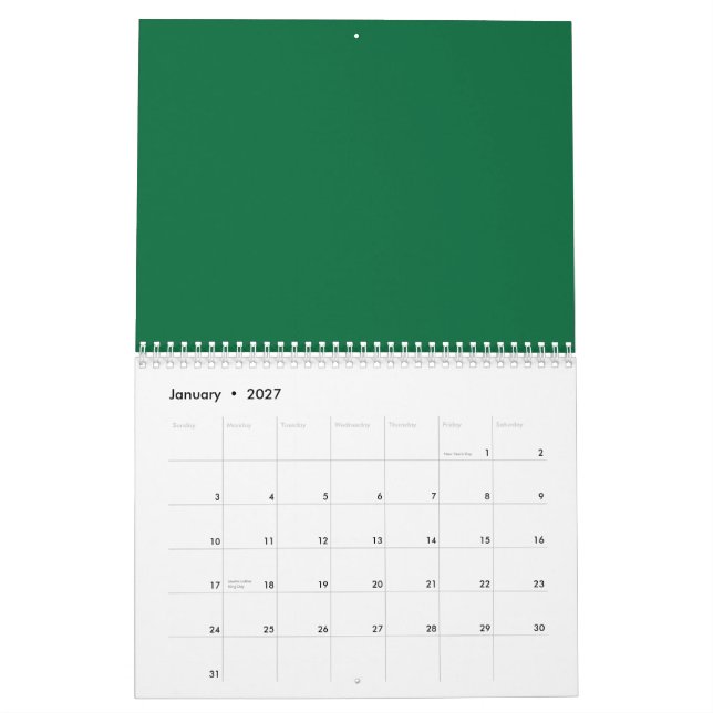 Calendário Eleve seu design da Web com um plano de fundo verd (Jan 2027)