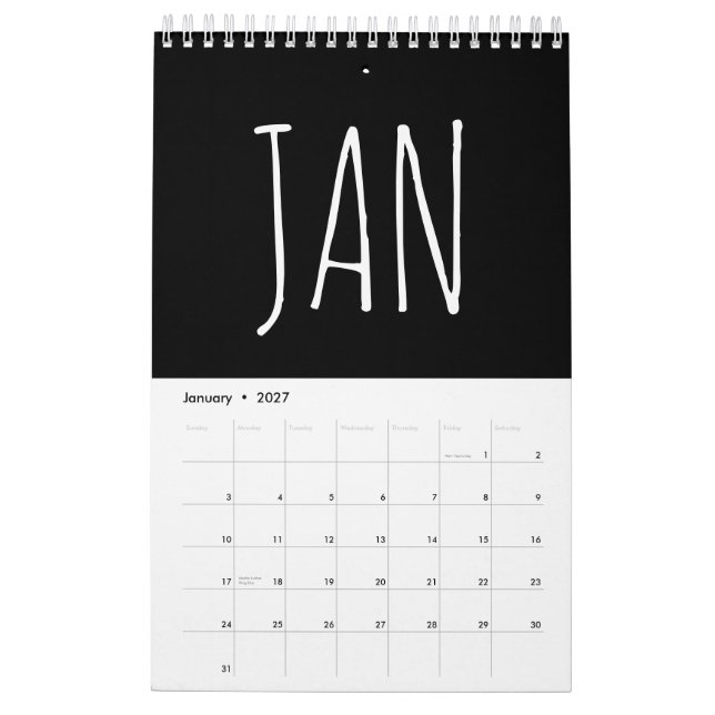 Calendário Escrita Caligráfica em Script Preto e Branco  (Jan 2027)