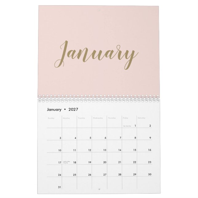 Calendário Escrita em ouro rosa-claro moderno mês giro (Jan 2027)