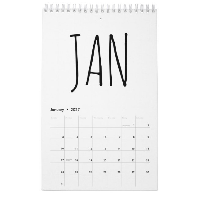Calendário Escrita Simples em Preto e Branco (Jan 2027)