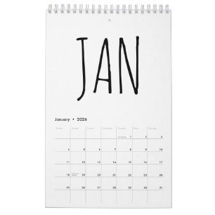 Calendário Escrita Simples em Preto e Branco 2026