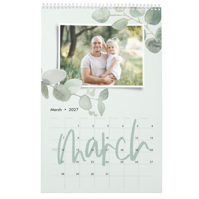 Calendário Escrito com foto de eucalipto de cor aquática míni (Mar 2027)