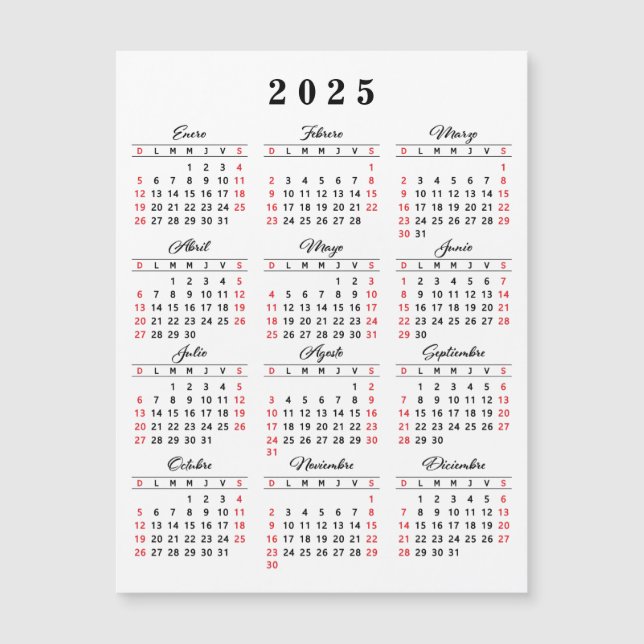 Calendário Espanhol 2025 Vermelho Branco Preto (Frente)