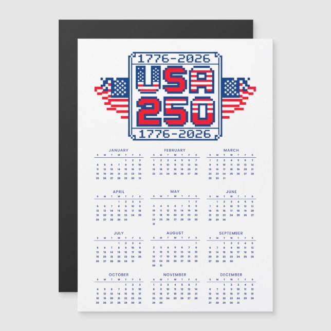 Calendário EUA 250 – 1776 a 2026 Pixel Art (Frente/Verso)