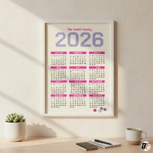 Calendário Familiar Anual Moderno Rosa e Roxo 2026