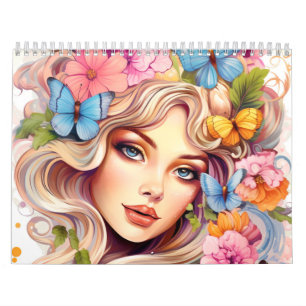 Calendário Fantasy Floral Women Colorful Hairstyle