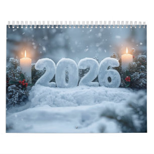 Calendário feliz ano novo 2026 nevado calmo 
