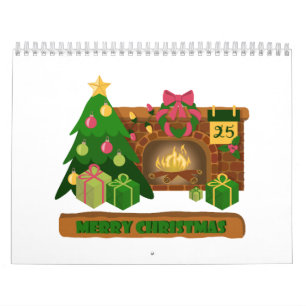 Calendário Feliz Natal perto da árvore de Natal de lareira bo