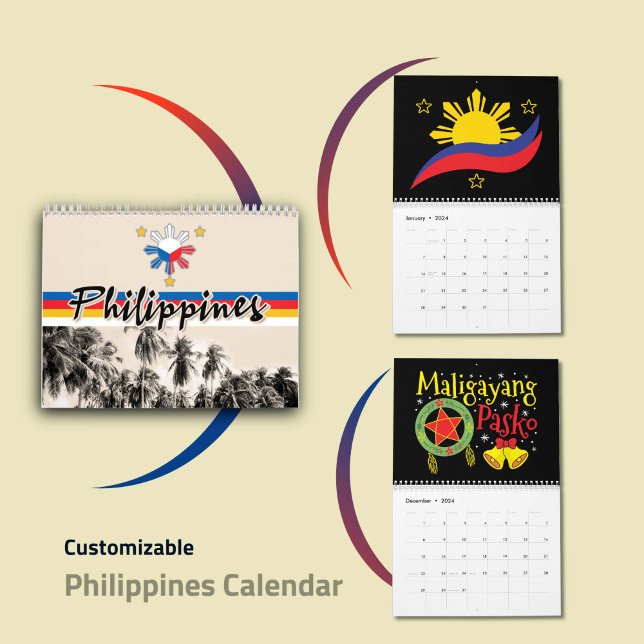 Calendário Filipinas Bandeira do Orgulho Nacional Art 2023 (Philippines Calendar 2024 - Customizable Filipino Wall Calendar)