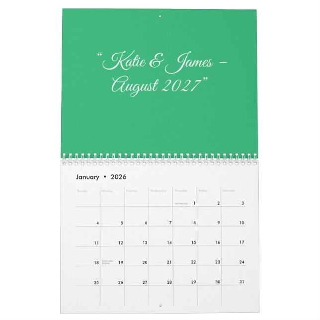 Calendário Flat Mint Green Background – Wedding Design (Jan 2026)