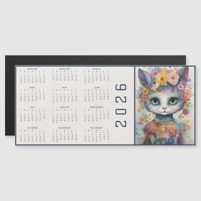 Calendário Floral Abstrato de Aquarela com Gato (Frente/Verso)